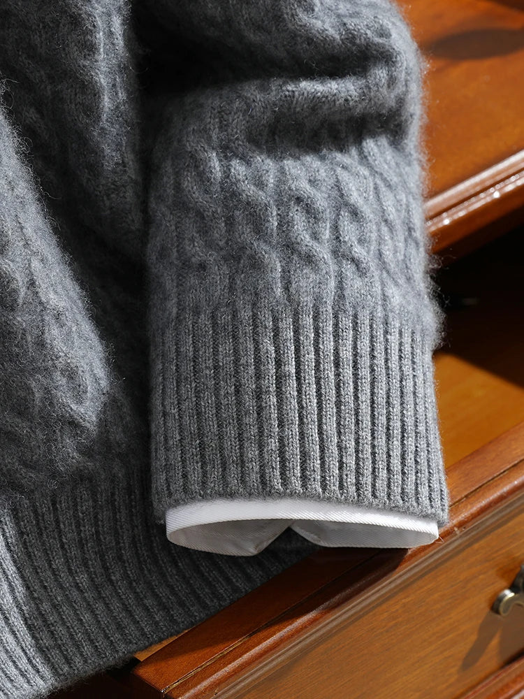 Cuff in 2×2 ribbed texture on the Alashan cashmere sweater in Davy Grey — From Borcelleclothes.