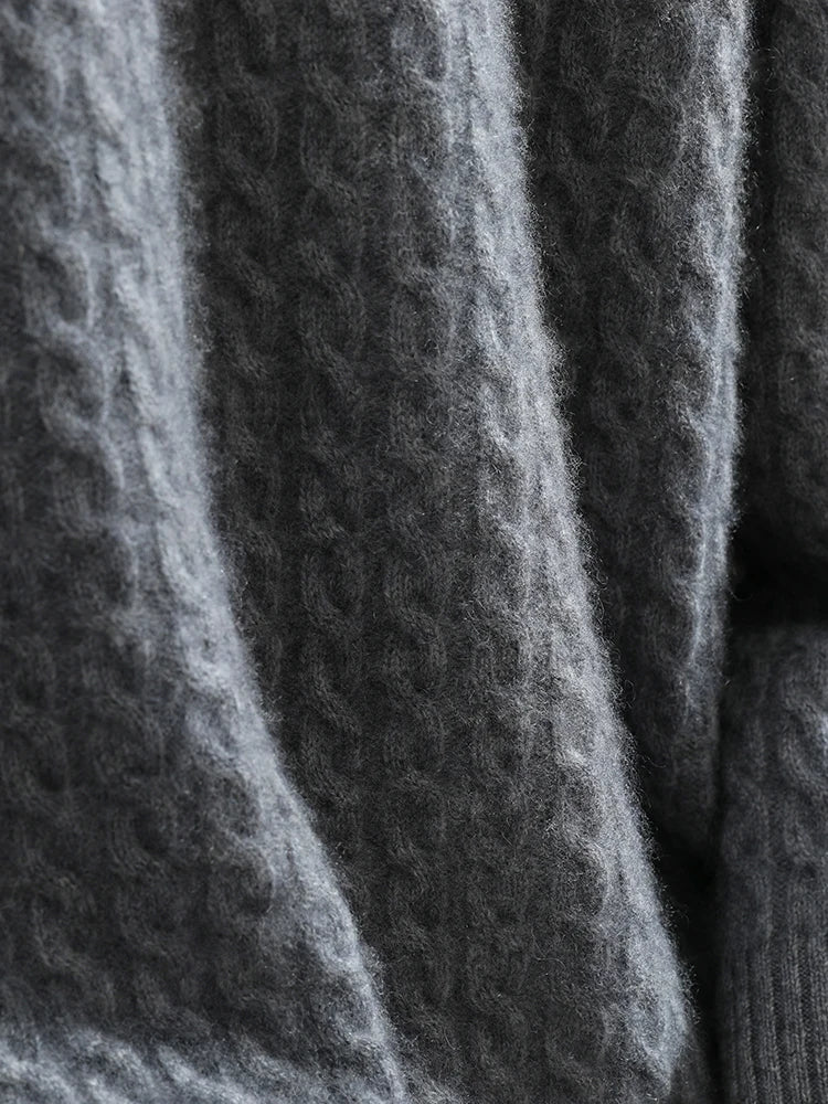 Middle section of the Davy Grey cashmere sweater, showing cable drape and structure — From Borcelleclothes.