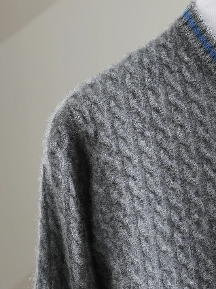 Shoulder construction and cable detailing of the men’s sweater in Davy Grey — From Borcelleclothes.