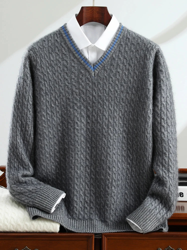 Men's slim-fitting cable-knit V-neck cashmere sweater in Davy Grey, with contrast trim and ribbed finishes — From Borcelleclothes.