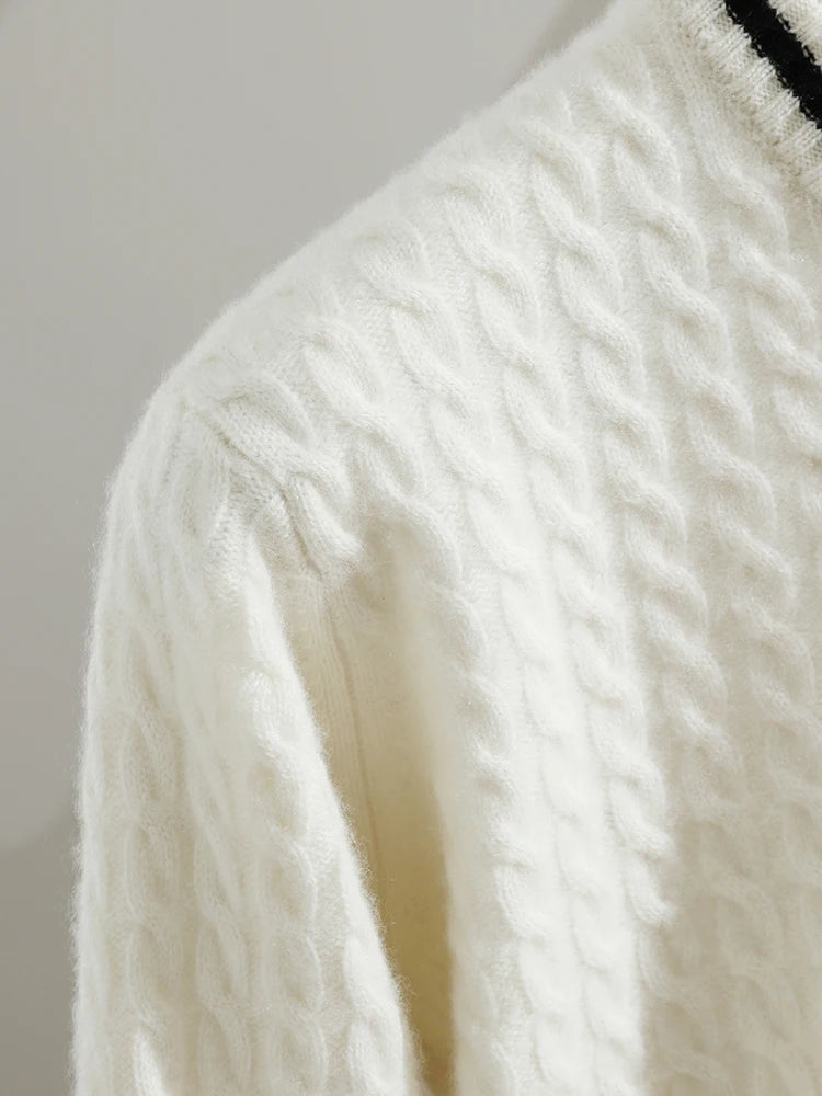 Shoulder and cable detailing of the Platinum V-neck cashmere sweater — From Borcelleclothes.