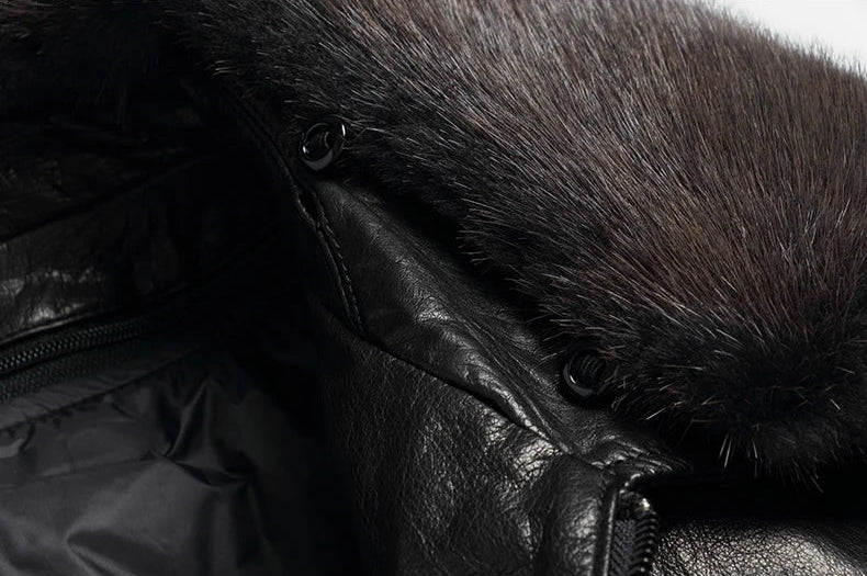 Snap buttons for securing the detachable mink fur collar — Men's Wenge Leather Down Jacket — From Borcelleclothes.