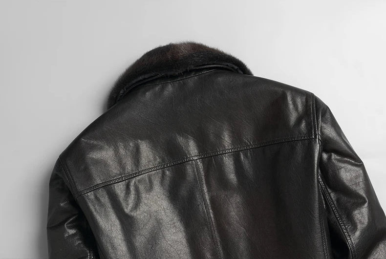 Back yoke with continuous topstitching above the shoulders — Men's Wenge Leather Down Jacket in genuine cowhide — From Borcelleclothes.