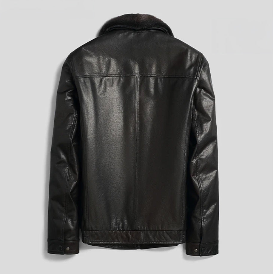 Men's Wenge Leather Down Jacket in genuine cowhide — back view — From Borcelleclothes.