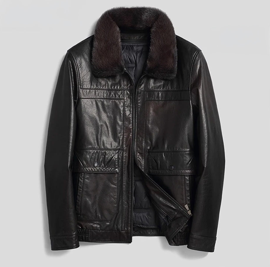 Men's Wenge Leather Down Jacket in genuine cowhide — front view — From Borcelleclothes.