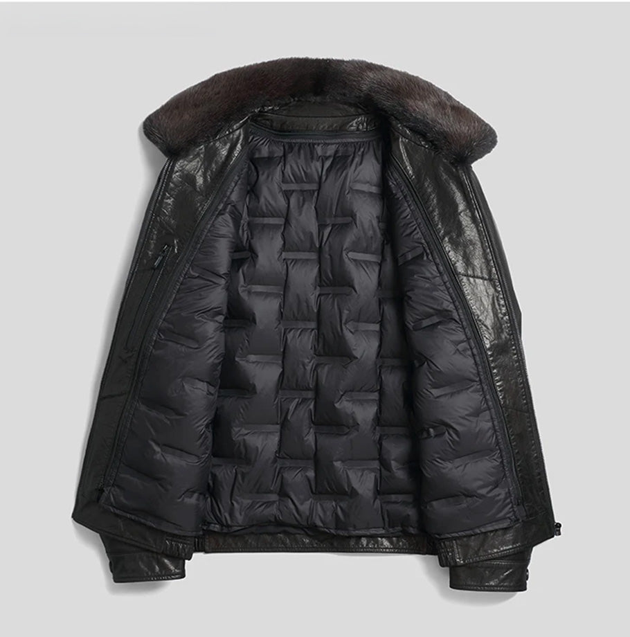Detachable down lining laid flat and unfolded — Men's Wenge Leather Down Jacket — From Borcelleclothes.