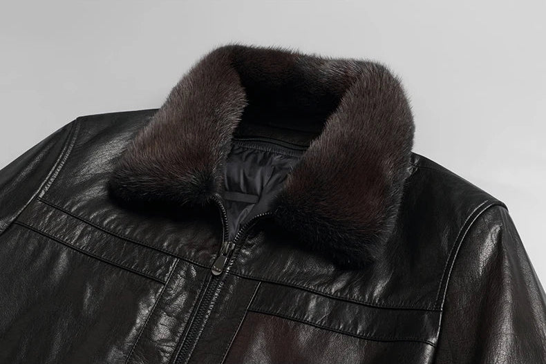 Detachable mink fur collar on the Men's Wenge Leather Down Jacket — From Borcelleclothes.