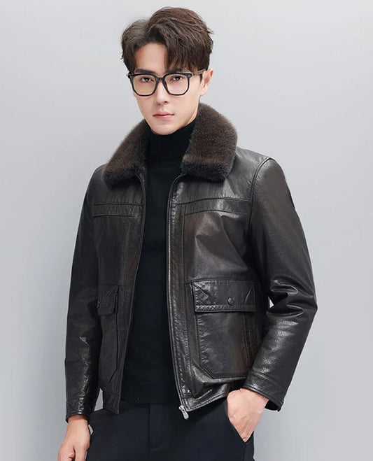 Model wearing the men’s Wenge leather down jacket with one hand in pants pocket — From Borcelleclothes.