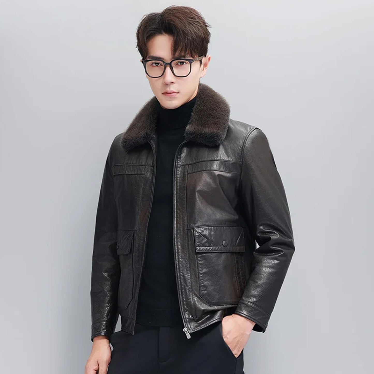 Men’s Wenge leather down jacket, model facing forward  — From Borcelleclothes.