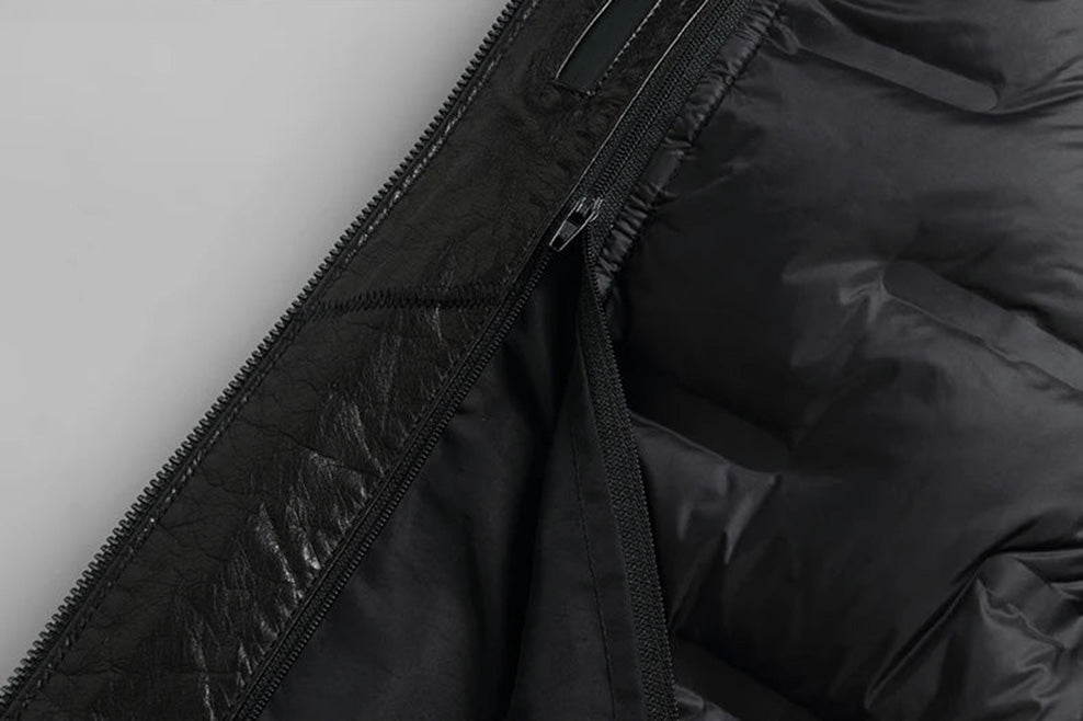 Detachable white goose down lining, partially unzipped — Men's Wenge Leather Down Jacket — From Borcelleclothes.