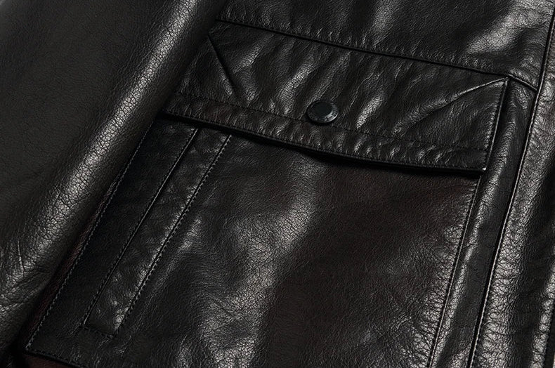 Side patch pocket with snap flap and concealed zip entry — Men's Wenge Leather Down Jacket in cowhide leather — From Borcelleclothes.