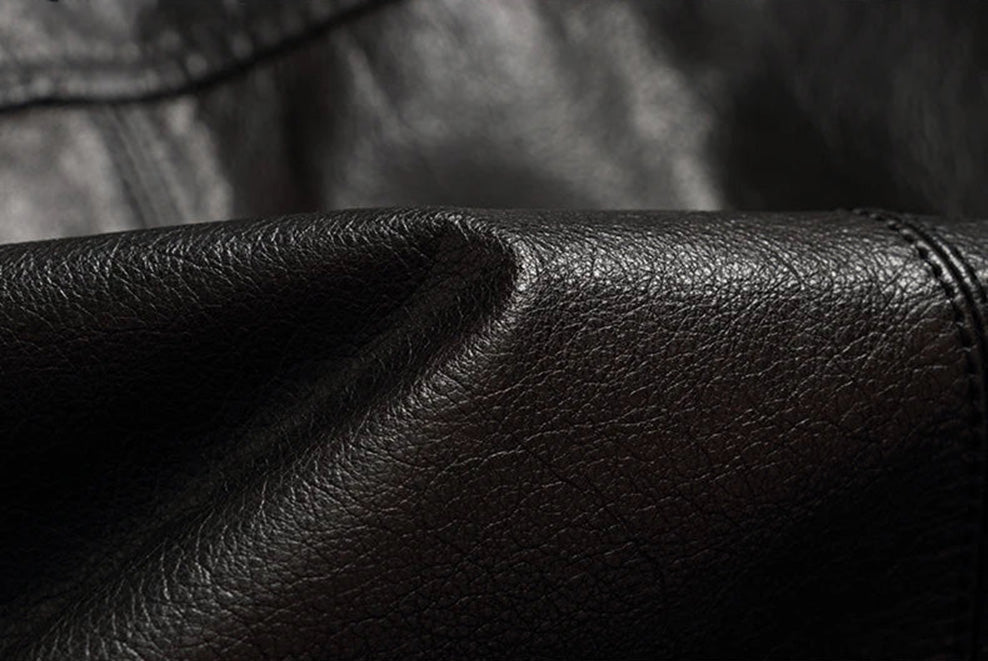 Men's Wenge Leather Down Jacket — wave-folded back, cowhide leather in wenge — From Borcelleclothes.