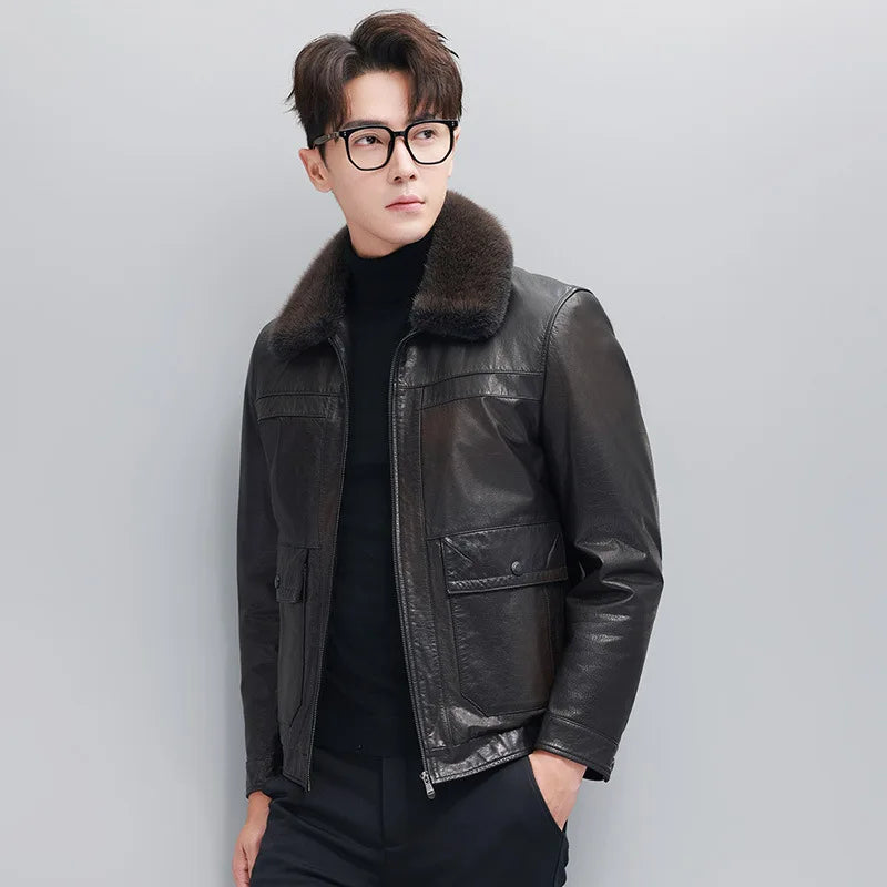 Men’s leather down jacket in Wenge color with mink fur collar, stitched yokes, and side patch pockets with hidden zip entries — From Borcelleclothes.