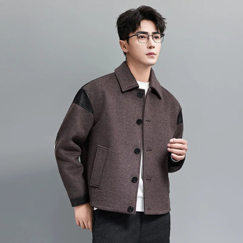 Men's wool-cashmere jacket in Don Juan, with leather traces, combining soft tailoring with refined leather accents for a look between charm and shadow. From Borcelleclothes.