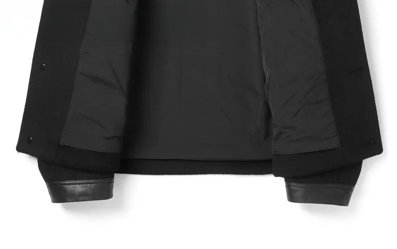 Bottom unfolded front part of Onyx men's wool-cashmere jacket with leather traces – From Borcelleclothes.