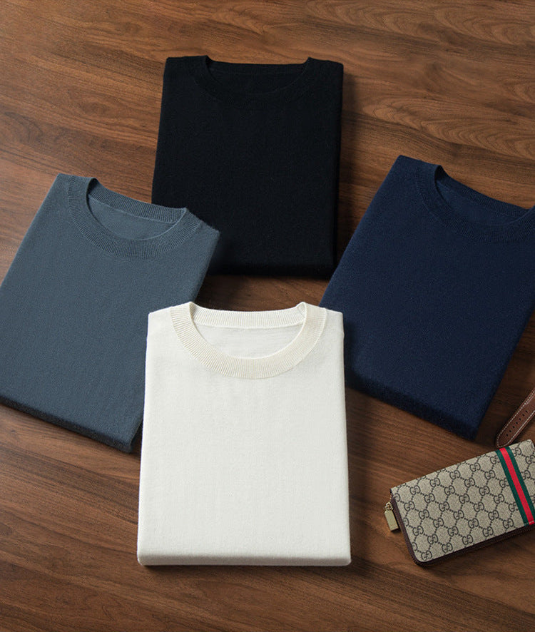 Collection in all colors of a Regular-fitting worsted cashmere crewneck sweater, made of 100% Alashan cashmere with stockinette body, 1×1 ribbed collar, cuffs, and hem — From Borcelleclothes.