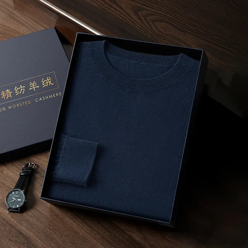 Slim-fitting worsted cashmere crewneck sweater in Mirage, made of 100% Alashan cashmere with stockinette body, 1×1 ribbed collar, cuffs, and hem — From Borcelleclothes.