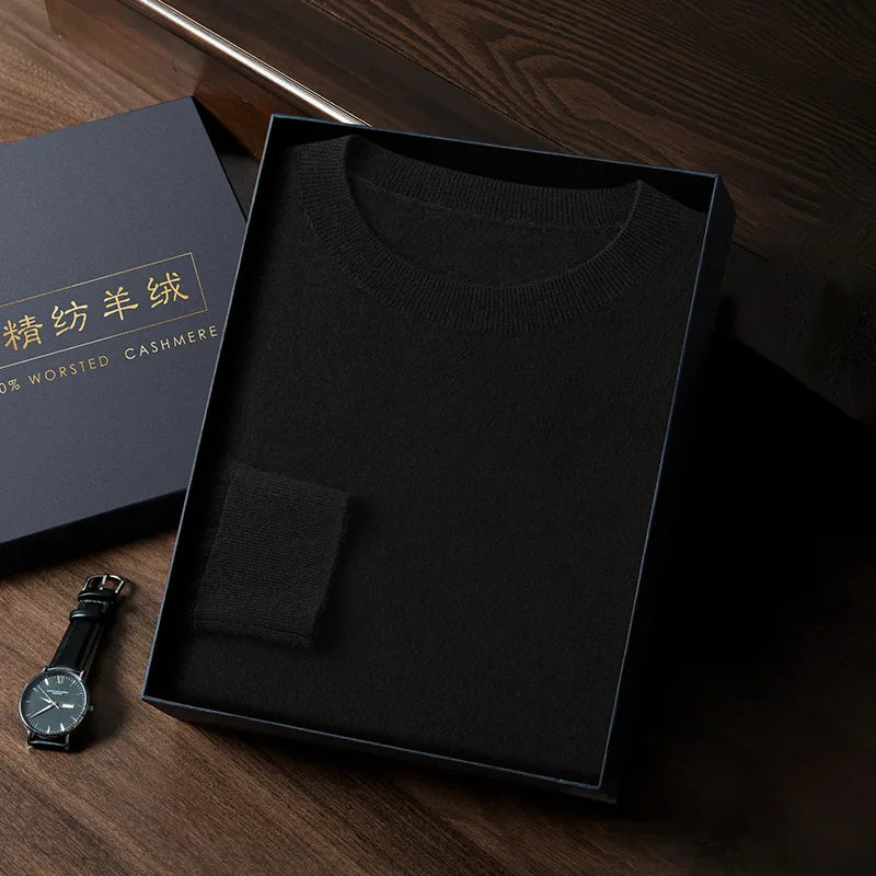 Slim-fitting worsted cashmere crewneck sweater in Onyx, made of 100% Alashan cashmere with stockinette body, 1×1 ribbed collar, cuffs, and hem — From Borcelleclothes.