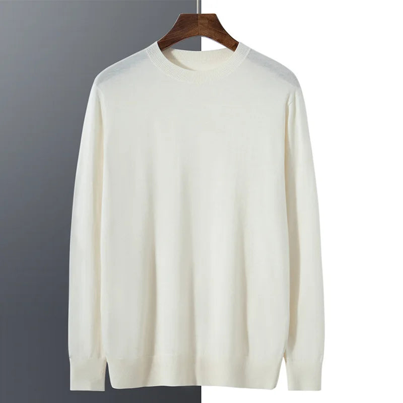 Slim-fitting worsted cashmere crewneck sweater in Platinum, made of 100% Alashan cashmere with stockinette body, 1×1 ribbed collar, cuffs, and hem — From Borcelleclothes.