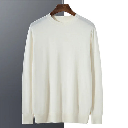 Slim-fitting worsted cashmere crewneck sweater in Platinum, made of 100% Alashan cashmere with stockinette body, 1×1 ribbed collar, cuffs, and hem — From Borcelleclothes.