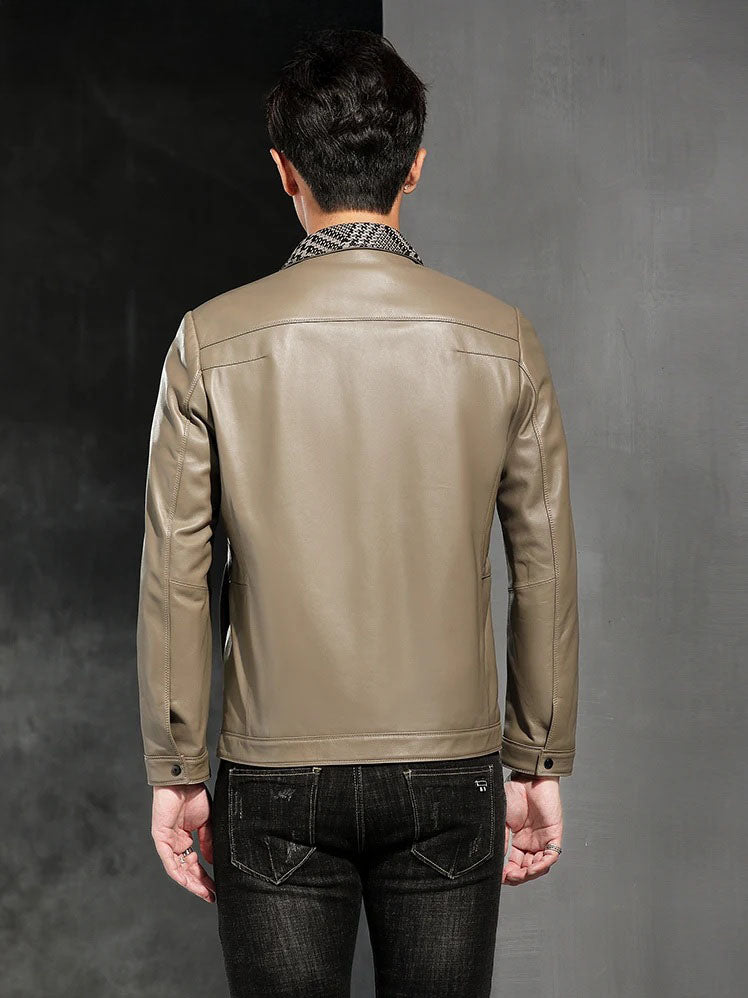 Back view of the woven-collar sheepskin jacket in Shadow — From Borcelleclothes.