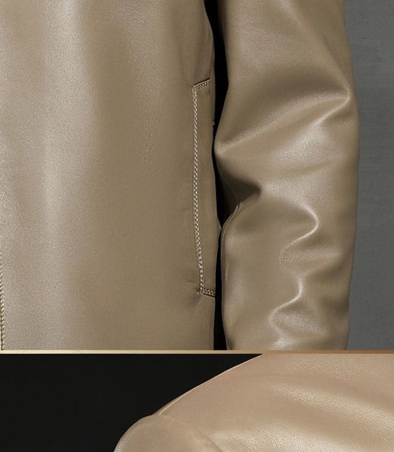 Collage: single-welt waist pocket and shoulder details of the woven-collar sheepskin jacket, Shadow — From Borcelleclothes.