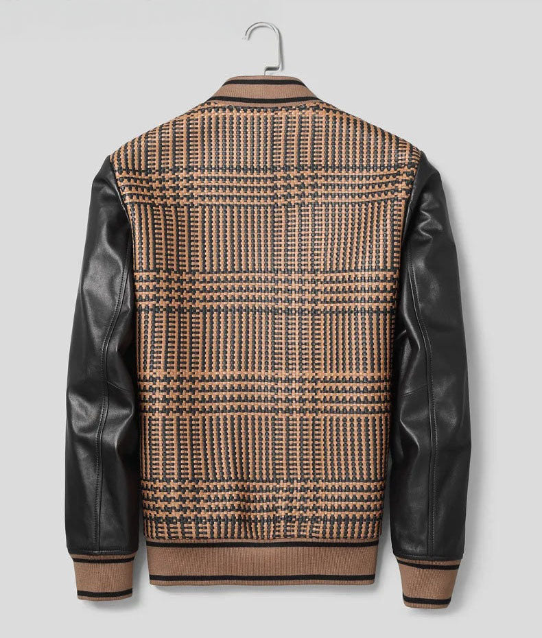 Back view; woven-leather plaid back; rib-knit hem (French Beige & Onyx) — From Borcelleclothes.