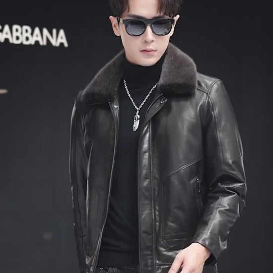 Video showcasing a Men’s goatskin leather jacket with mink collar, integrated zipped pockets and structured silhouette — From Borcelleclothes.