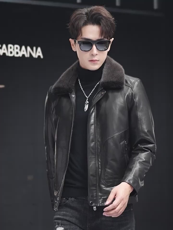 Video showcasing a Men’s goatskin leather jacket with mink collar, integrated zipped pockets and structured silhouette — From Borcelleclothes.