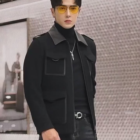 Video showcasing a Men’s leather-accented mini-coat in Onyx, with refined tailoring, genuine leather collar and trims, blending classic form with modern sophistication. From Borcelleclothes.