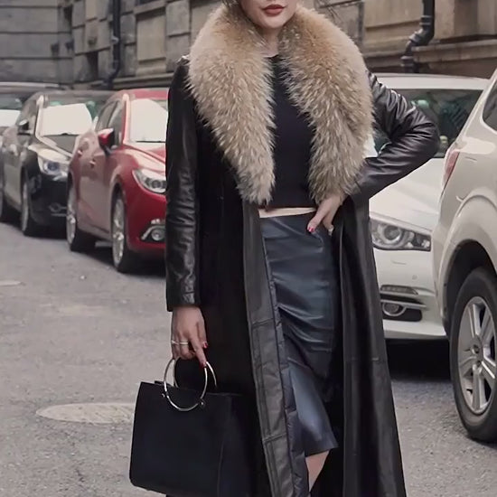 Video showcasing a Women's Sheepskin Down Coat in Eclipse and Onyx with two options- with fur collar and down lining and without. From Borcelleclothes.