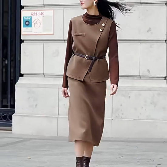 Video showcasing a tailored feminine set in Meet me in Istanbul color. Asymmetrical olive-brown wool blend vest, decorative molten gold buttons, slender leather belt, strict midi skirt with back vent. — From Borcelleclothes.