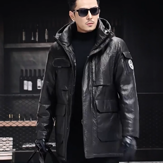 Video showcasing a Men’s structured cowhide leather jacket in Onyx, featuring compressed surface texture, patch pockets, and concealed fastenings — From Borcelleclothes.