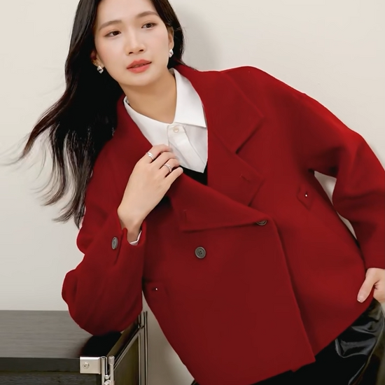 Video showcasing a Women's Architectural double-sided wool jacket in Resonance color. Highlighting the 980g/m² density, transformative collar geometry, and hand-finished invisible seams. — From Borcelleclothes.