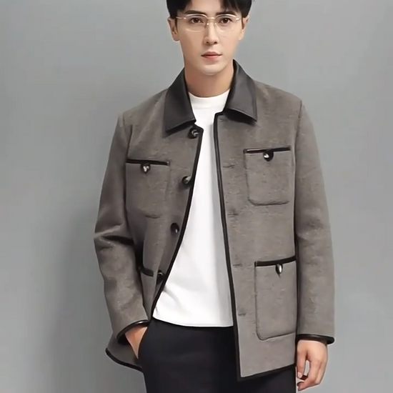 Video showcasing a Men’s minimalist motif wool-cashmere coat in Concord, with leather collar, horn buttons, and four symmetrically placed pockets — from Borcelleclothes.