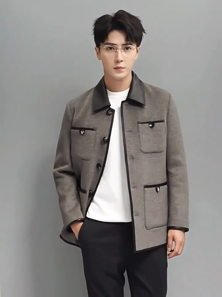 Video showcasing a Men’s minimalist motif wool-cashmere coat in Concord, with leather collar, horn buttons, and four symmetrically placed pockets — from Borcelleclothes.