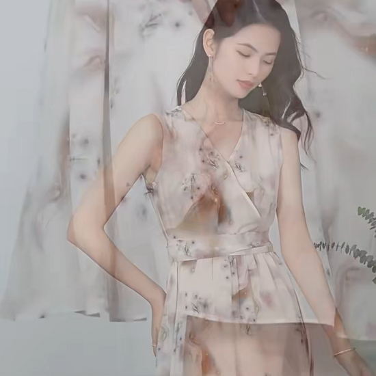 Video showcasing a Women's flared sleeveless midi dress crafted from 100% Mulberry silk crepe de chine. Features a wrap bodice with pleats, side sashes, and a misty watercolor print. — From Borcelleclothes.