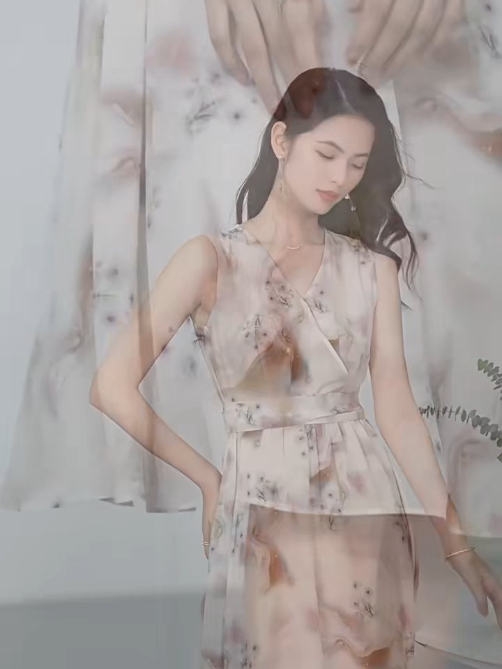 Video showcasing a Women's flared sleeveless midi dress crafted from 100% Mulberry silk crepe de chine. Features a wrap bodice with pleats, side sashes, and a misty watercolor print. — From Borcelleclothes.