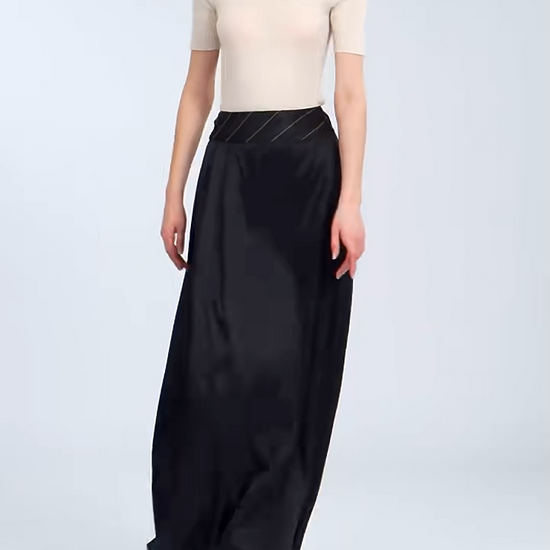 Video showcasing a Women's Heavy 40 momme Mulberry silk skirt. A pleated overlay fixed by contrast topstitching on a structured waist yoke. Floor-length in Deep Waters shade. — From Borcelleclothes.