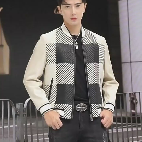 Video showcasing a Men's Woven-leather plaid sheepskin jacket in Platinum & Onyx; metal zip; smooth sleeves; double-trim slit waist pockets; rib-knit collar, cuffs and hem — From Borcelleclothes.