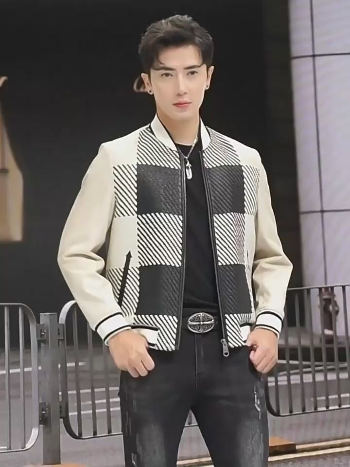 Video showcasing a Men's Woven-leather plaid sheepskin jacket in Platinum & Onyx; metal zip; smooth sleeves; double-trim slit waist pockets; rib-knit collar, cuffs and hem — From Borcelleclothes.