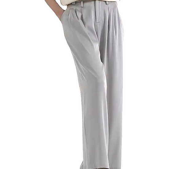 Video showcasing a Women's wide-leg Mulberry silk trousers in Gray Matters, featuring six front pleats, dual-level belt loops, and back flap pockets. — From Borcelleclothes.