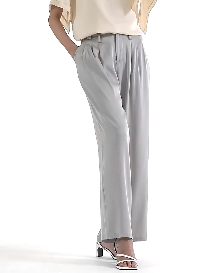 Video showcasing a Women's wide-leg Mulberry silk trousers in Gray Matters, featuring six front pleats, dual-level belt loops, and back flap pockets. — From Borcelleclothes.