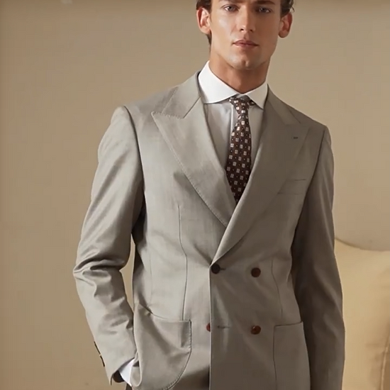Video showcasing a Men's Vitale Barberis Canonico Super 110s wool suit — double-breasted jacket with side-elastic trousers. Color: Haze of Olive Groves. — From Borcelleclothes.