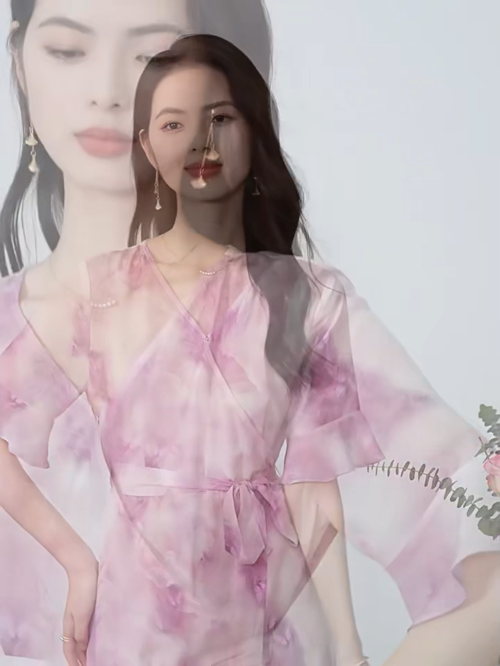 Video showcasing a Women's Mid-calf flared wrap dress in 100% Mulberry silk crepe de Chine in Highland Heather. Features a wrap bodice, flounce cuff sleeves, and wave-curved flounces. — From Borcelleclothes.