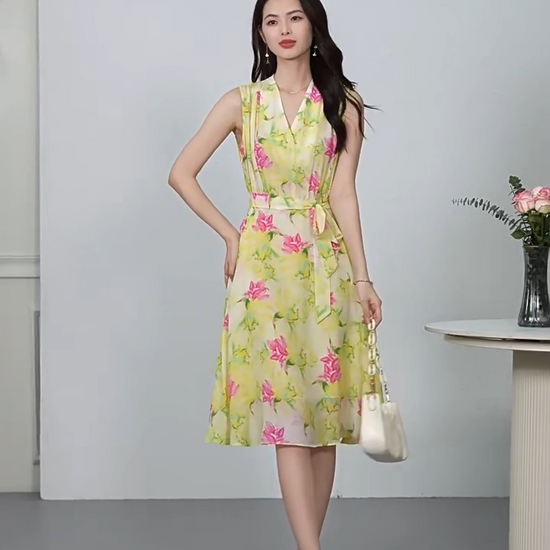 Video showcasing a Women's Sleeveless Mulberry Silk midi dress in Magnolia in May color, featuring a fixed wrap bodice, continuous-cut framed collar, and sculptural peripheral draping. — From Borcelleclothes.
