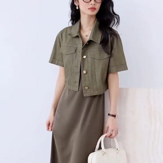 Video showcasing a Women's Two-Piece Set with a denim short-sleeve jacket and sleeveless knit dress in matching muted tone. From Borcelleclothes.