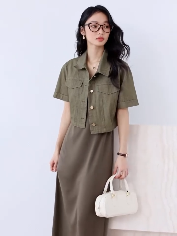 Video showcasing a Women's Two-Piece Set with a denim short-sleeve jacket and sleeveless knit dress in matching muted tone. From Borcelleclothes.