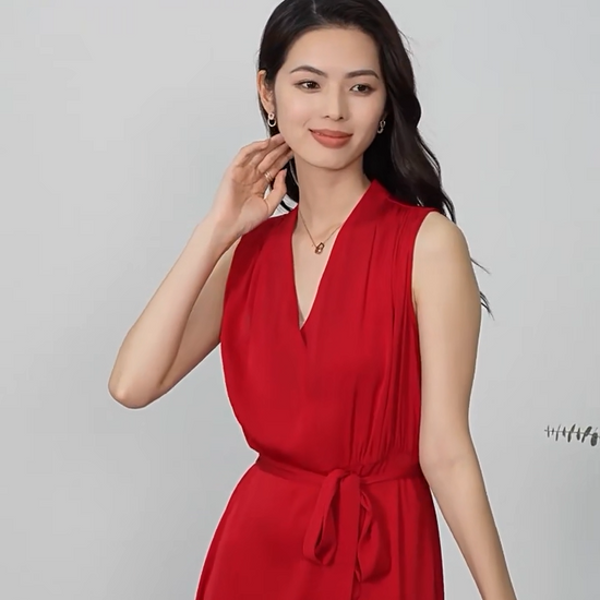 Video showcasing a Women's sleeveless flared midi dress in Monte Carlo and Win of Taste colors, crafted from 19-momme Mulberry silk double georgette, featuring a fixed wrap bodice, sculptural draping at the waist, and a continuous-cut collar. — From Borcelleclothes.