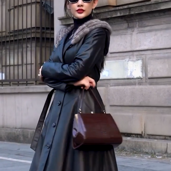 Video showcasing a Women's Flared Hooded Coat in Onyx with two options - Mid-Calf and Seven-Eighths Length. From Borcelleclothes.